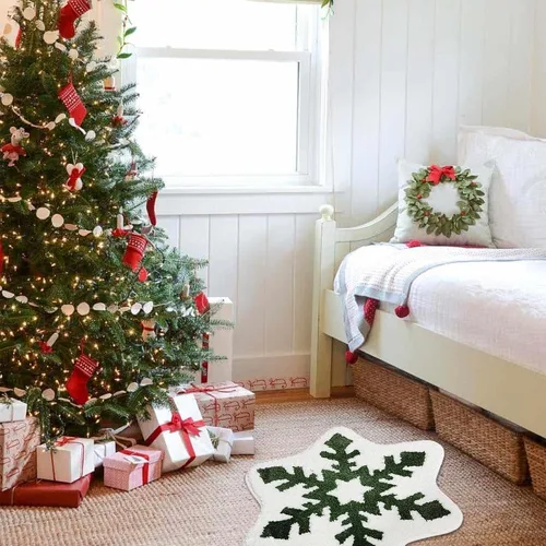 Miniatura 6 de YRXRUS Alfombra de baño de copos de nieve, decoraciones navideñas, tapete con forma de nieve verde y blanca, sala de estar, dormitorio, cocina