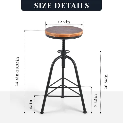 Miniatura 2 de Topower Taburete de bar de altura ajustable de metal de diseño industrial antiguo, silla de desayuno de comedor de cocina, taburete de madera
