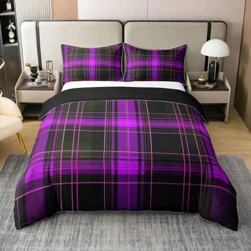 Miniatura 33 de Erosebridal Juego de ropa de cama de 100 % algodón a cuadros para niños y niñas, funda de edredón a cuadros, funda de edredón moderna geométrica