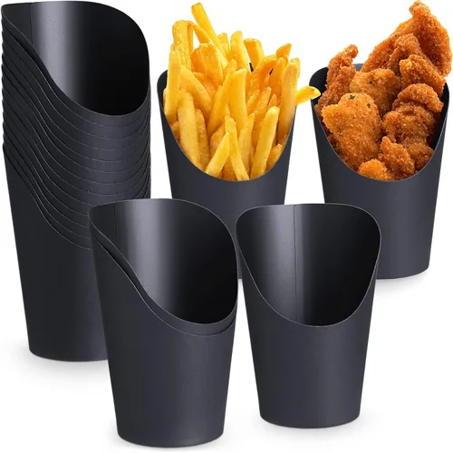 Sieral 100 tazas de embutidos negros de 14 onzas desechables para papas fritas con soporte para papas fritas de papel, conos de charcutería, gofres,