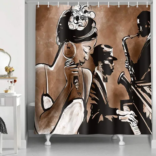 Miniatura 4 de Cortina de ducha de jazz para mujer americana, africana, afro negra, canto música jazzista, afrocéntrica, arte negro, estilo grunge, tela