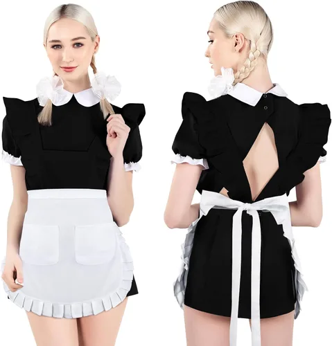 Miniatura 4 de Delantal de cintura blanca con 2 bolsillos, medio delantal blanco para mujer, delantal de camarera para cocina, restaurante, bistró, cafetería