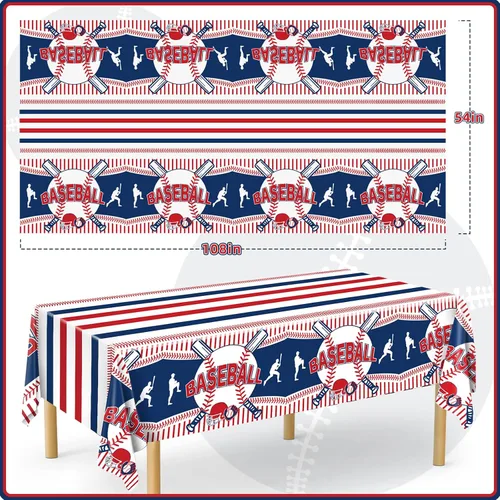 Miniatura 2 de Miucat Mantel de béisbol de 3 piezas, mantel de mesa y decoración de fiesta, mantel de plástico desechable, rectangular para juegos de béisbol