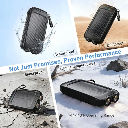Miniatura 7 de Banco de energía solar de 20000 mAh, cargador portátil negro con salidas USB-C y USB-A, batería de reserva de emergencia, linterna LED, para iPhone