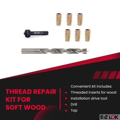 Miniatura 2 de Kit de reparación de rosca hexagonal E-Z para insertos roscados embutidos de madera blanda 5/16-18 x 25mm, taladro, herramienta de instalación