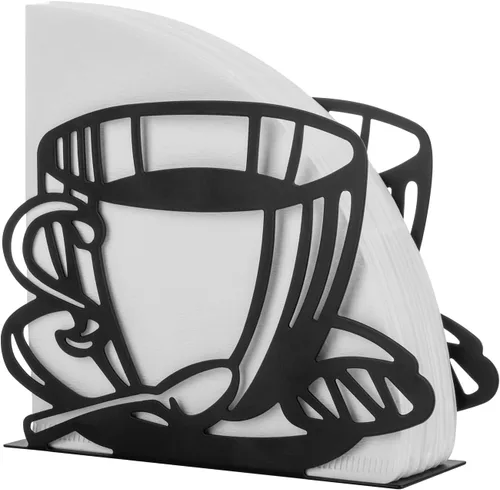 Soporte de metal para filtro de café, soporte y estante para filtros de café, toallas de papel y servilletas, vertical, cono y cuadrado (negro)