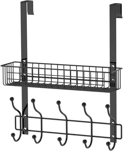 Perchero, colgador sobre la puerta con cesta de malla, estante de almacenamiento desmontable para toallas, sombreros, bolsos, abrigos (negro)