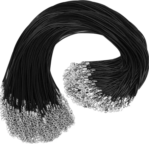 100 piezas de cordones de collar de piel premium con cierres para colgantes, cordón de pulsera a granel, cuerda de collar de cuerda encerada, negro,