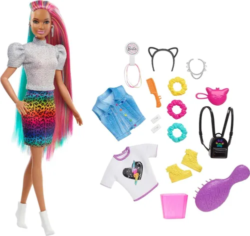 Miniatura 8 de Barbie Muñeca de pelo arcoíris de leopardo con reflejos que cambian de color y 16 accesorios de estilo, incluyendo ropa, coleteros, cepillo y más