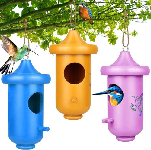 Casa de colibrí para colgar en el exterior, ventana de jardín, nido decorativo de madera para colibríes, paquete de 3 unidades, azul, amarillo,