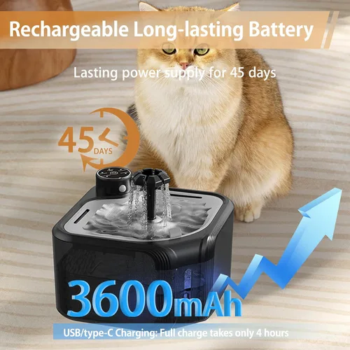 Miniatura 6 de Fuente de agua para gatos inalámbrica con 4 filtros de repuesto de 108 oz/3.2 L, fuente de agua para mascotas, funciona con pilas, con bandeja