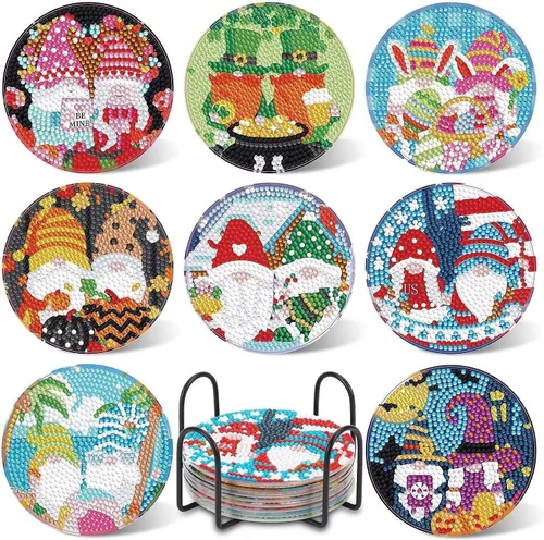 Miniatura 10 de FOWSEEK Posavasos de Pintura de Diamantes, 8 PCS Posavasos de Arte de Diamante de Gato con Soporte, Lindos Kits de Pintura de Diamantes para Adultos
