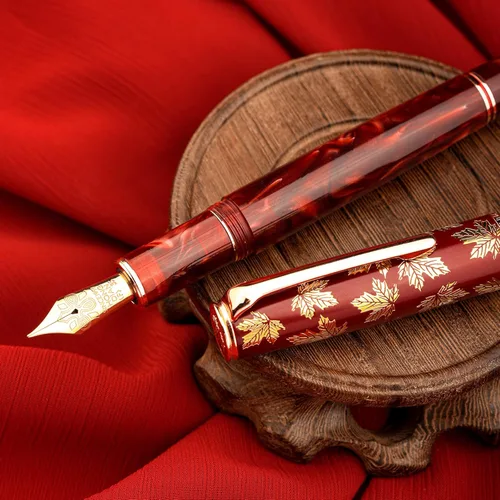 Miniatura 3 de HONG DIAN N8 - Pluma estilográfica de resina acrílica roja, con punta media de iridio, detalle en oro rosa, tapa tallada en hoja de arce, pluma