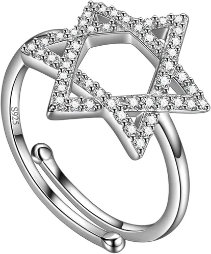 Jewmon Anillo ajustable de estrella de David judía para mujer, plata de ley 925, circonita cúbica, estrella de David, anillo judío abierto, amuleto,