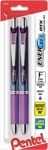 Pentel Pluma de tinta de gel, bolígrafo retráctil EnerGel RTX, 0.5mm, punta fina, punta de aguja, tinta violeta (BLN75BP2V)