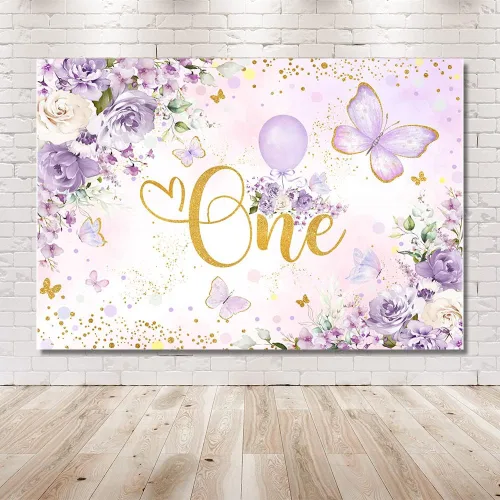 Miniatura 6 de MEHOFOND Telón de fondo de cumpleaños de un año para niñas de 7 x 5 pies, diseño floral morado, fondo de fotografía de Little Miss Onederful