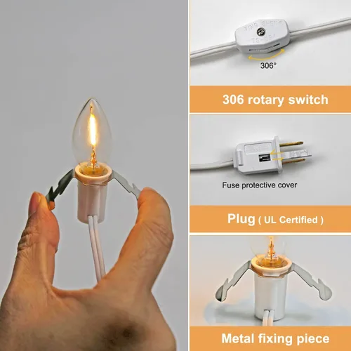 Miniatura 3 de KGC Cable de Accesorios C7 con 2 Bombillas LED C7 Base Candelabro E12 con Casquillo, Cable Blanco con Interruptor de Encendido/Apagado y Enchufes