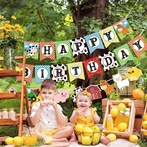 Miniatura 6 de WERNNSAI Cartel de cumpleaños de animales de granja, pancarta de feliz cumpleaños con guirnalda de banderines de tractor para niños y niñas, Azul