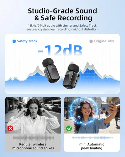 Miniatura 4 de Mini micrófono inalámbrico Lavalier para iPhone y cámara Android, micrófonos inalámbricos de doble canal con cancelación de ruido AI, rango de 328