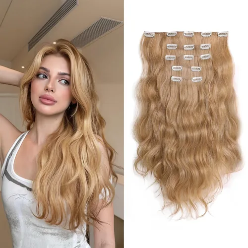 Miniatura 14 de Extensiones rubias onduladas con clip, de 18 pulgadas de largo, sintéticas, invisibles, gruesas, postizas, para mujeres, 5 piezas, rizadas, suaves