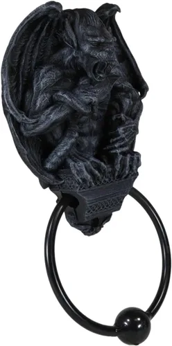 Miniatura 4 de Ebros Gift Aldaba de puerta con cabeza de gárgola de guardián gótico con anillo de metal, escultura de bola de golpeo, espíritu de Halloween, acento
