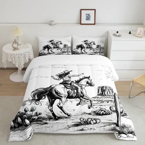 Miniatura 5 de Homewish Juego de edredón de vaquera occidental, tamaño individual, juego de ropa de cama de dibujo de cactus del desierto de caballo salvaje