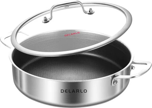 Miniatura 14 de DELARLO Sartén Salteadora Híbrida de Acero Inoxidable de Tres Capas de 10 Pulgadas, 3QT Sartén de Chef para Cocinar, Anti-Rayones, Compatible