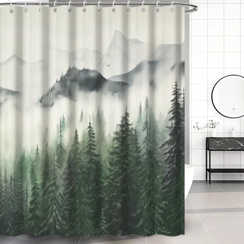 Miniatura 11 de Cortina de ducha pequeña en blanco y negro, juego de cortina de ducha de bosque brumoso para baño, impermeable, decoración de baño de montaña