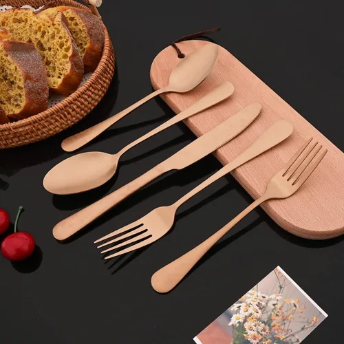 Miniatura 9 de JASHII Juego de cubiertos de acabado satinado, 20 piezas, servicio para 4, juego de cubiertos de titanio, juego de utensilios de cobre mate, incluye