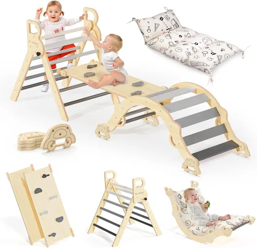 BlueWood Pikler - Juego de triángulos con cojín, juguetes de escalada 8 en 1 para niños pequeños, juego de filosofía Montessori, gimnasio de la