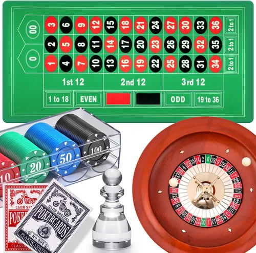 NEWTRY Juego de ruedas de ruleta con rueda de ruleta de 11 pulgadas, alfombrilla de goma para mesa (47.2 x 23.6 pulgadas), fichas de póquer (100