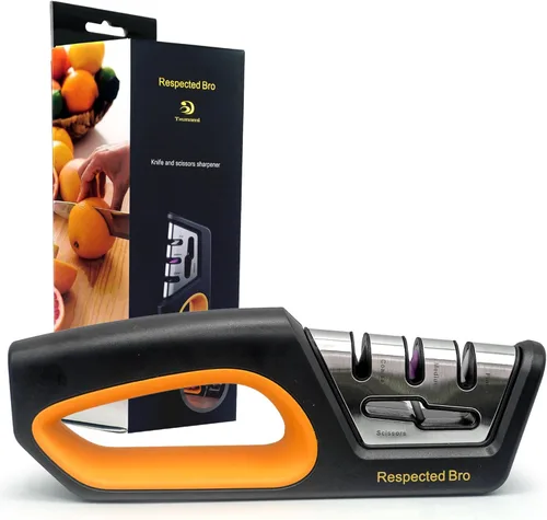 RESPECTED BRO Afilador 4 en 1 para cuchillos y tijeras, herramienta premium para afilar cuchillos de cocina, ayuda a preparar, restaurar y pulir las