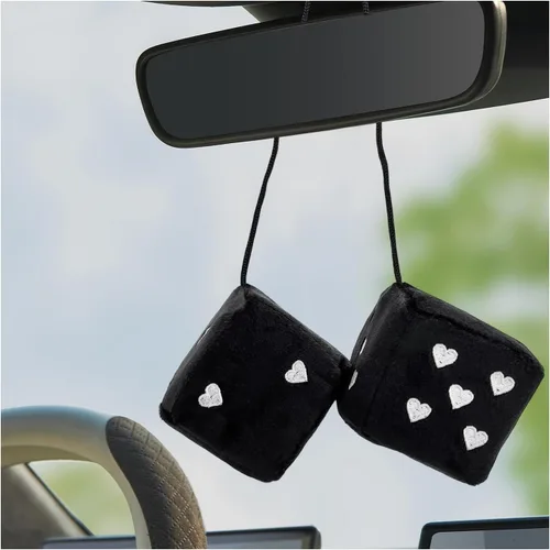 1 par de dados de felpa mullidos para espejo de automóvil, dados cuadrados retro de 3 pulgadas con forma de corazón, adorno colgante de dados retro