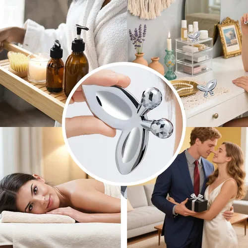 Miniatura 8 de Herramientas faciales Gua Sha de acero inoxidable, rodillo facial de mariposa 3D para mujeres, herramienta de guasha 2 en 1 para apretar la piel