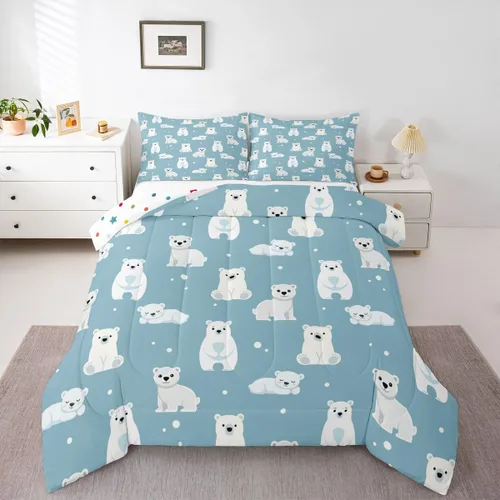 Erosebridal Juego de ropa de cama de oso polar, tamaño individual, juego de edredón de oso blanco con patrón de animales, edredón de microfibra Oso