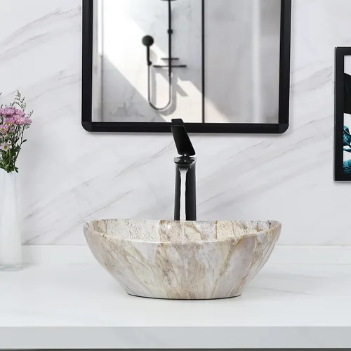 Miniatura 3 de Davivy Lavabo Ovalado de Veteado Nórdico de 16'' X 13'' con Desagüe Pop Up, Lavabo de Cerámica, Lavabos de Baño Sobre Encimera, Lavabos de Baño
