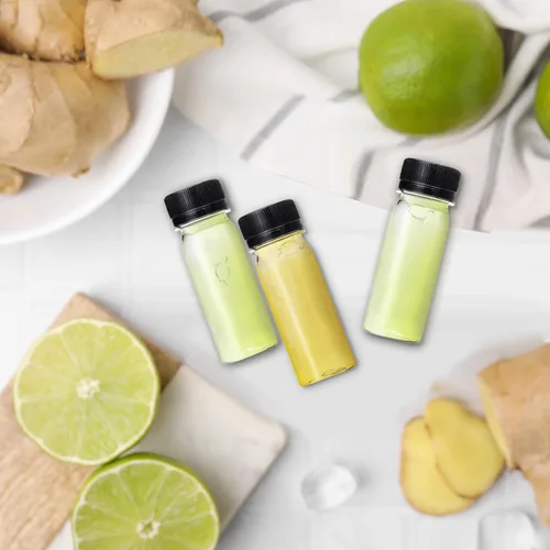 Miniatura 5 de Xuyyicao 30 Piezas Botellas Pequeñas de Plástico de 2 Oz para Líquidos, Botella para Shot de Jengibre con Tapas, Recipientes de Bebidas