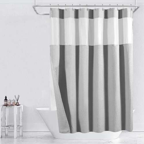 Miniatura 10 de Yimobra Juego de cortinas de ducha de tejido gofre con forro de tela a presión, tela pesada con 12 ganchos, impermeable y lavable, ventana superior
