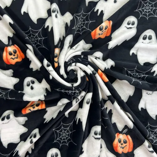Miniatura 6 de Manta de Halloween: Jack O Lantern, calabazas, fantasmas blancos y telarañas en suave forro polar de terciopelo negro para sofá, sillas y cama Ghost