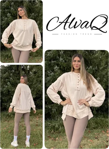 Miniatura 66 de AlvaQ - Sudadera de gran tamaño para mujer, informal, de manga larga, con botones y cuello Henley, tipo túnica
