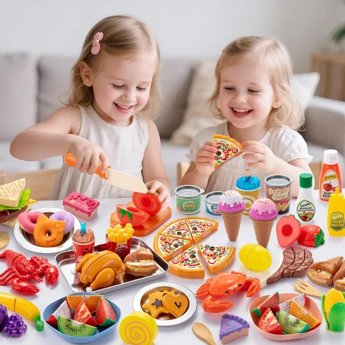 Miniatura 5 de Juboury - Juego de comida de simulación para niños pequeños, alimentos de juguete para cortar con bolsa de almacenamiento, bandeja y platos de acero