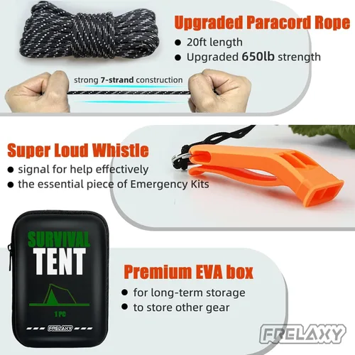Miniatura 4 de Frelaxy Tienda de campaña de emergencia extra gruesa, tienda de campaña de supervivencia compacta con silbato, cuerda paracord, bolsa de Verde