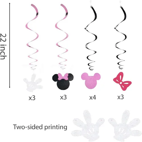 Miniatura 3 de Decoraciones de remolinos colgantes de color rosa de 30 unidades, serpentinas de techo para fiesta de cumpleaños de ratón, suministros para fiestas