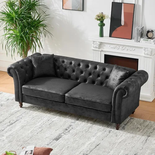 Miniatura 13 de Sofá Air de cuero copetudo para sala de estar, sofá de 3 plazas con brazo enrollado con ribete de cabeza de clavo y 2 almohadas para el cuello, sofá