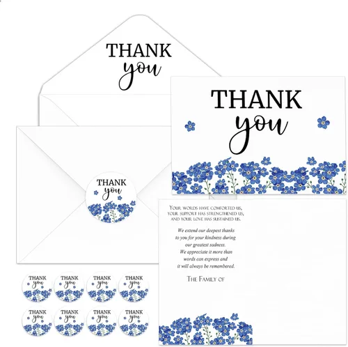 Miniatura 17 de Fumete Juego de 50 tarjetas de agradecimiento funerarias con sobres y calcomanías, tarjetas de agradecimiento de condolencias con mensaje