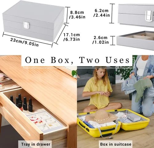 Miniatura 3 de LOMEVE Joyero con bandeja extraíble, organizador de joyería de piel sintética para mujeres y niñas, 2 capas organizador de joyas para collares