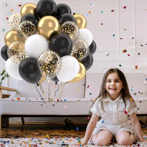 Miniatura 8 de Patimate Juego de globos de confeti negro y dorado, kit de 50 piezas de globos de látex de confeti metálico dorado negro y blanco de 12 pulgadas
