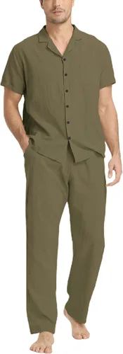 Miniatura 26 de RPOVIG Conjunto de camisa de lino y pantalones: conjuntos de lino de 2 piezas para hombre, camisas de manga corta, pantalones de yoga, trajes