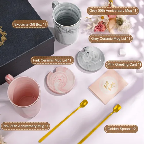 Miniatura 6 de Biching 50 aniversario de boda para parejas, tazas doradas del 50 aniversario para padres, abuelos, tazas de 14 onzas con cucharas, tapas, tarjeta