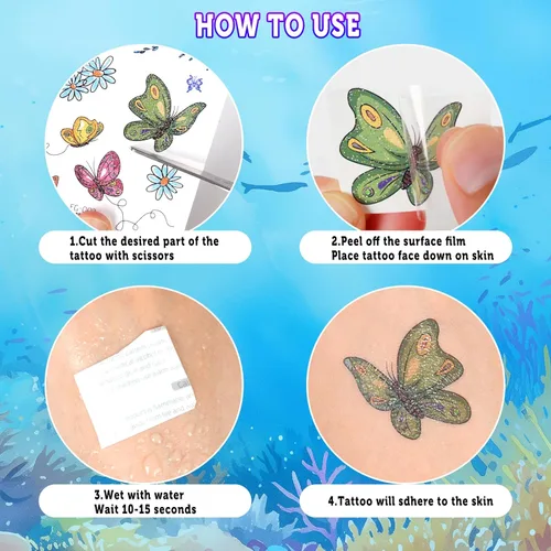 Miniatura 6 de Ozepao Tatuaje temporal con purpurina para niñas, 30 hojas de calcomanías de tatuaje de mariposa, sirena, unicornio para niños, tatuajes falsos